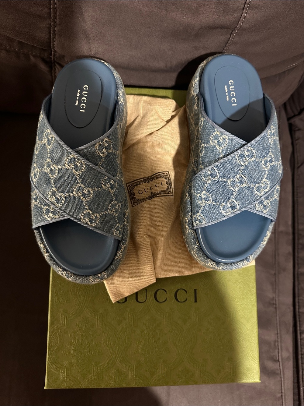 Gucci Women Denim GG Cross-Strap Slide Sandals in Light Blue